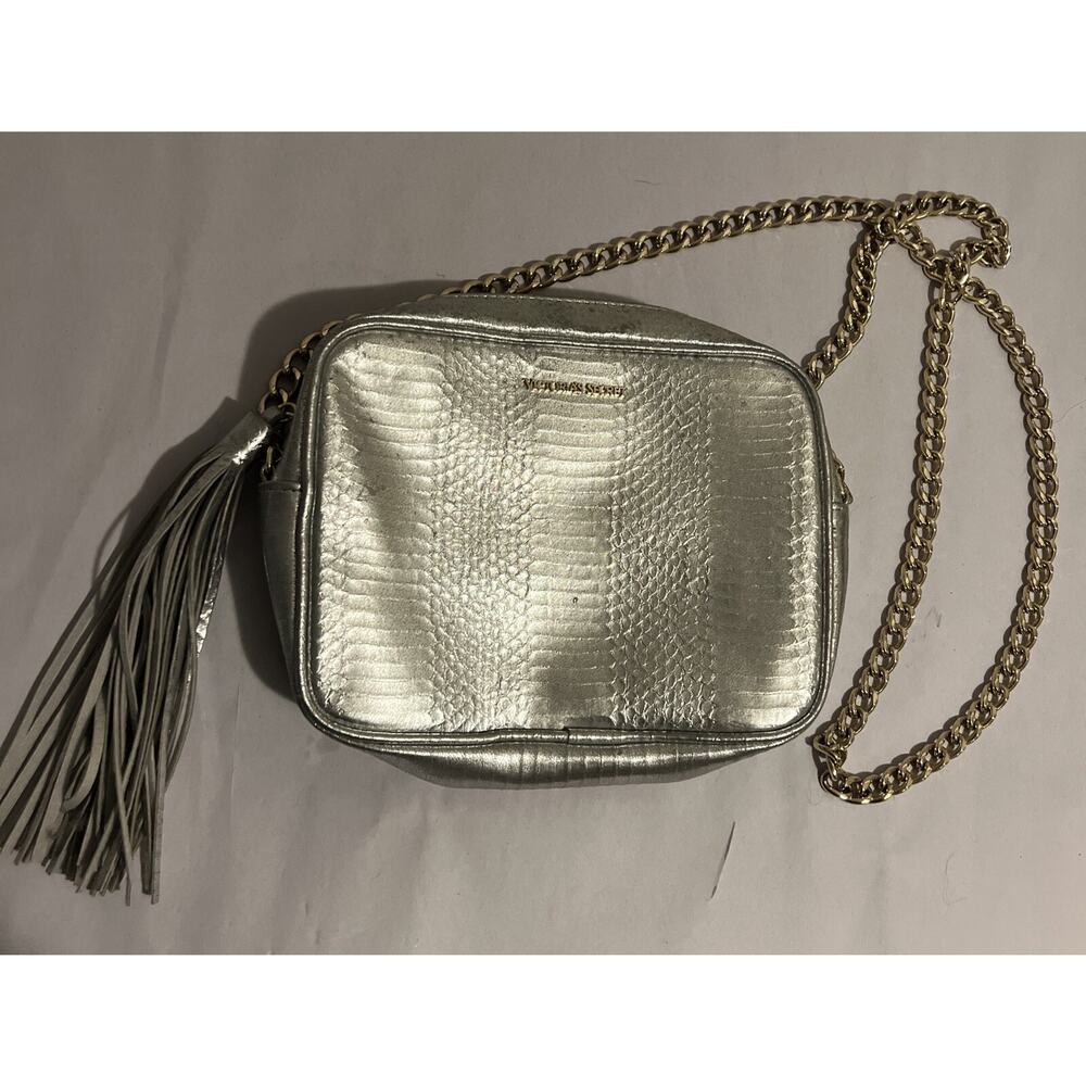 Victoria’s Secret Silver Snake Skin CrossBody Purse Bag Metallic Gold Chain